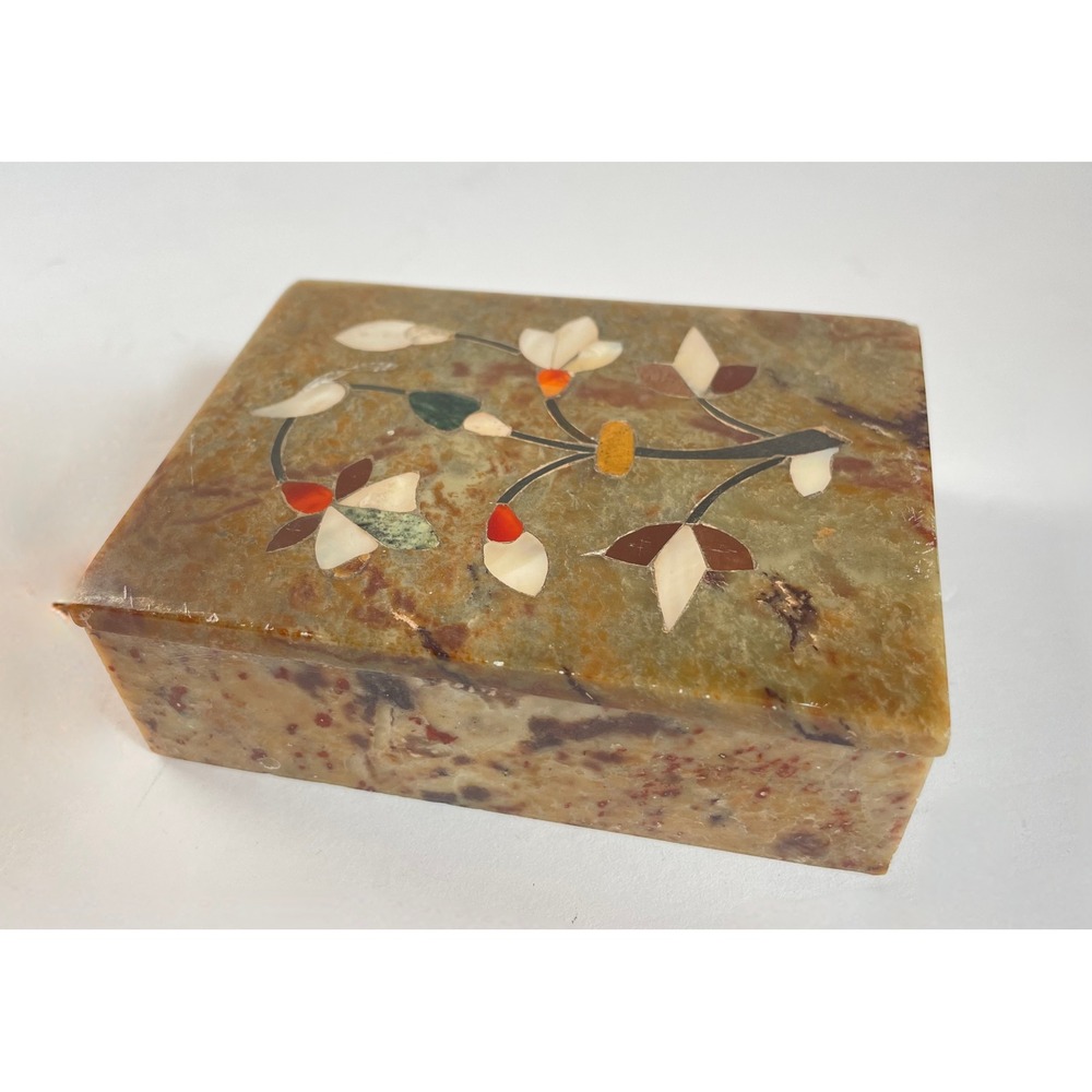 Vintage Inlaid Stone‎ Trinket Box Floral Pietra Dura Mother of Pearl Marble 4x3"